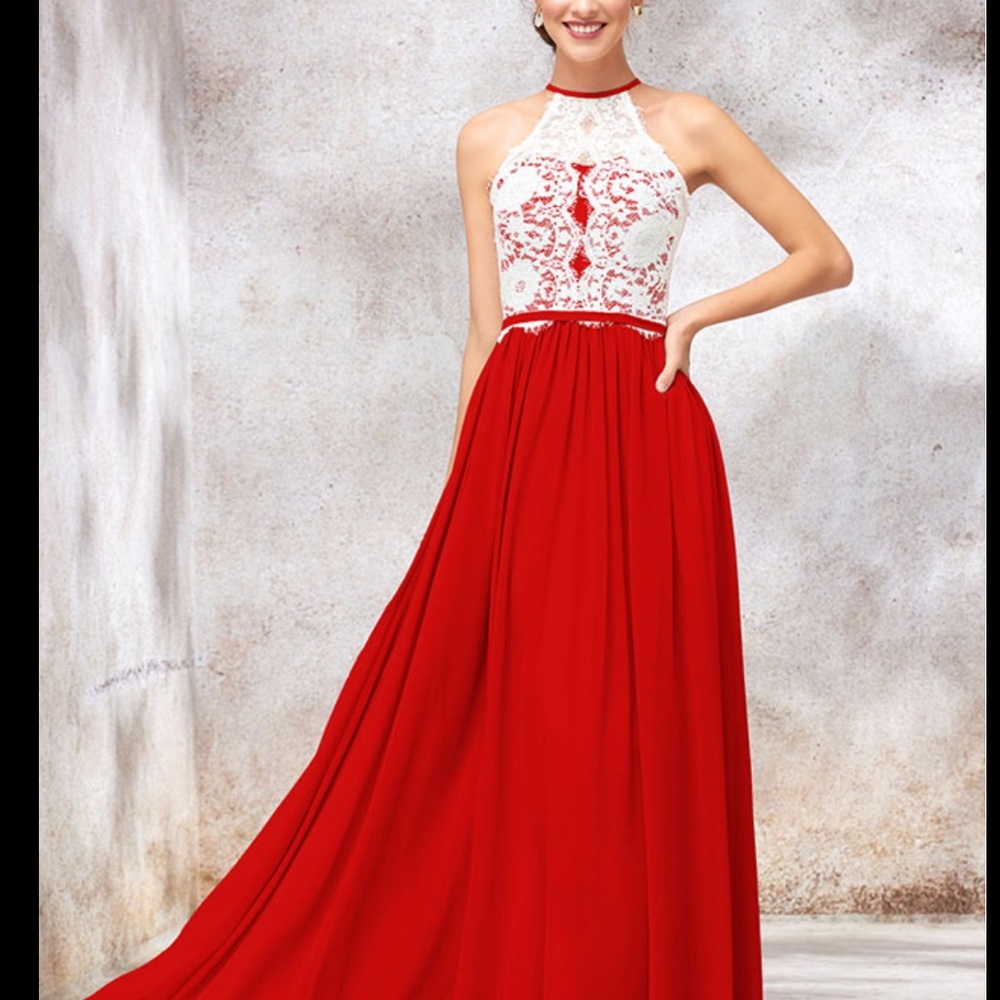 Christina Wu Red and White Lace Halter Wedding Dress